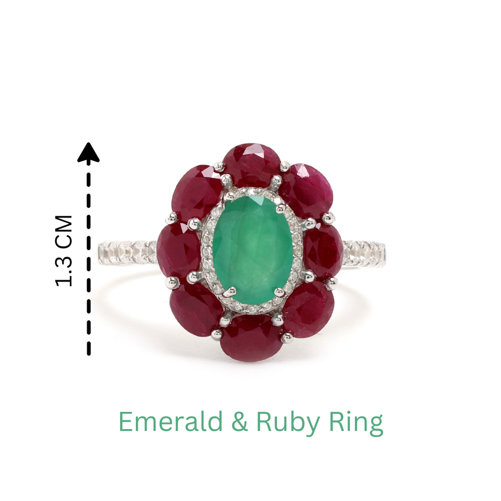 Emerald & Ruby Flower Halo Ring in 925 Sterling Silver