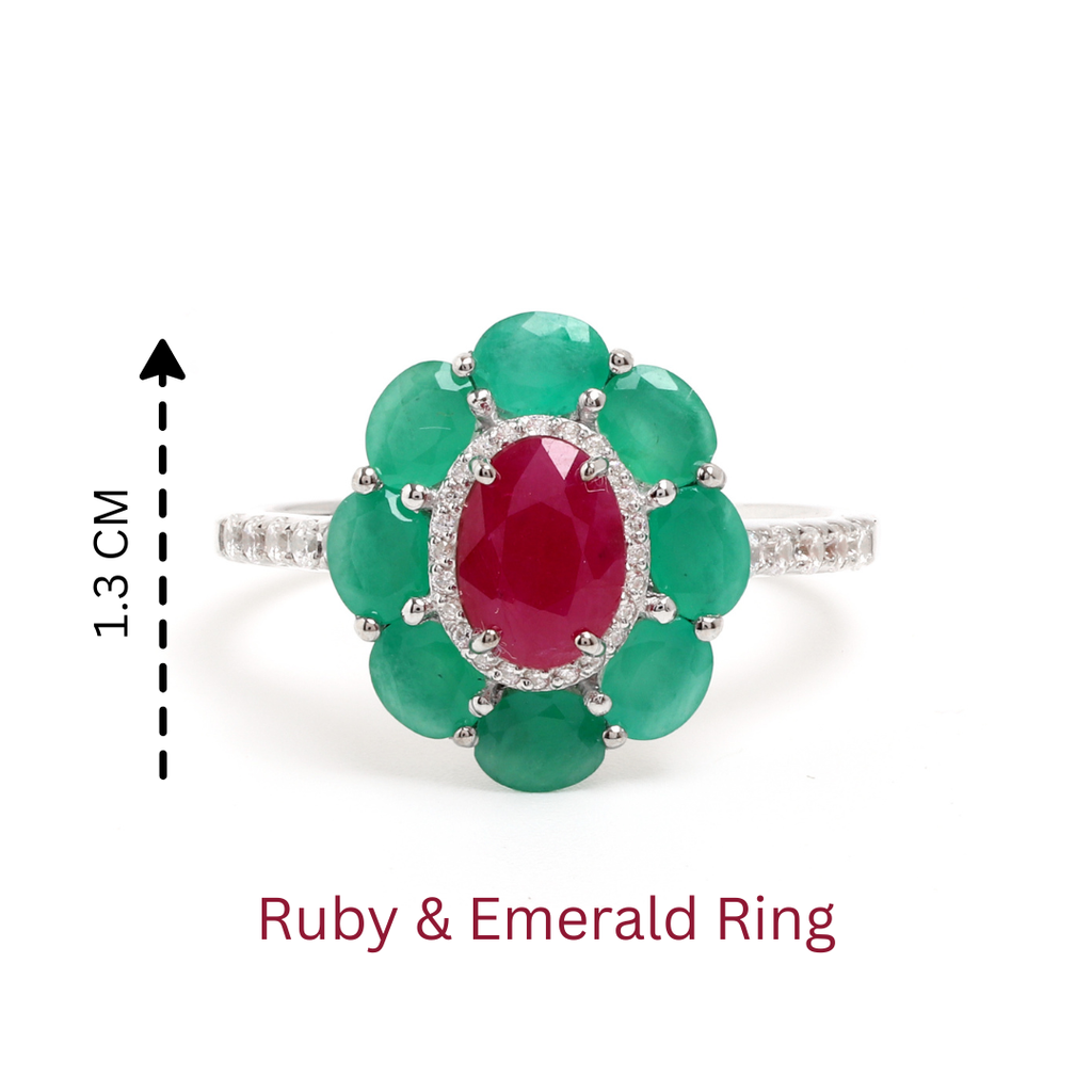 Ruby & Emerald Flower Halo Ring in 925 Sterling Silver