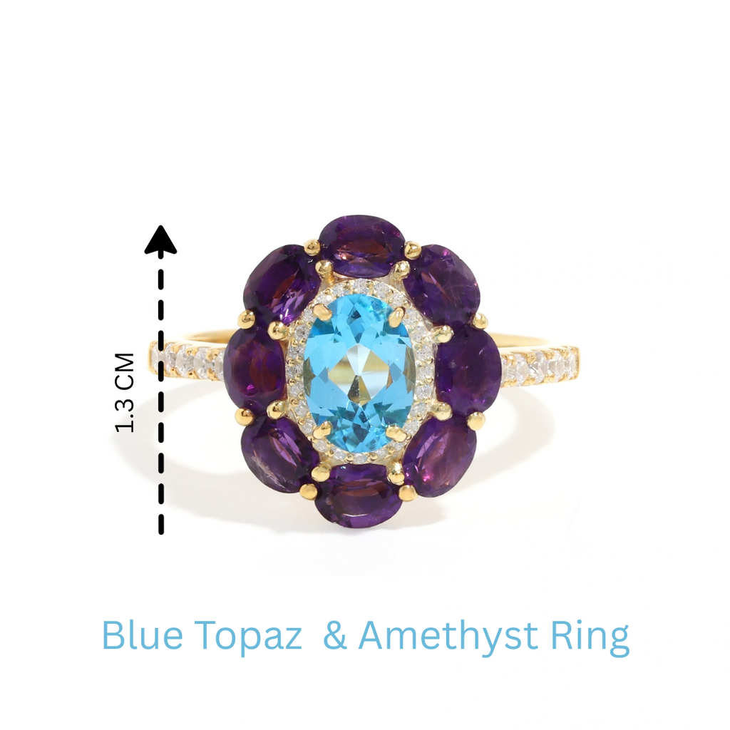 Blue Topaz & Amethyst Flower Halo Ring in 18K Gold-Plated Sterling Silver