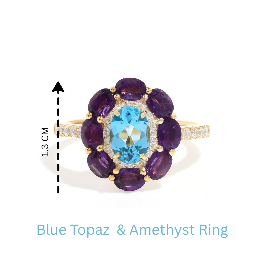 Blue Topaz & Amethyst Flower Halo Ring in 18K Gold-Plated Sterling Silver
