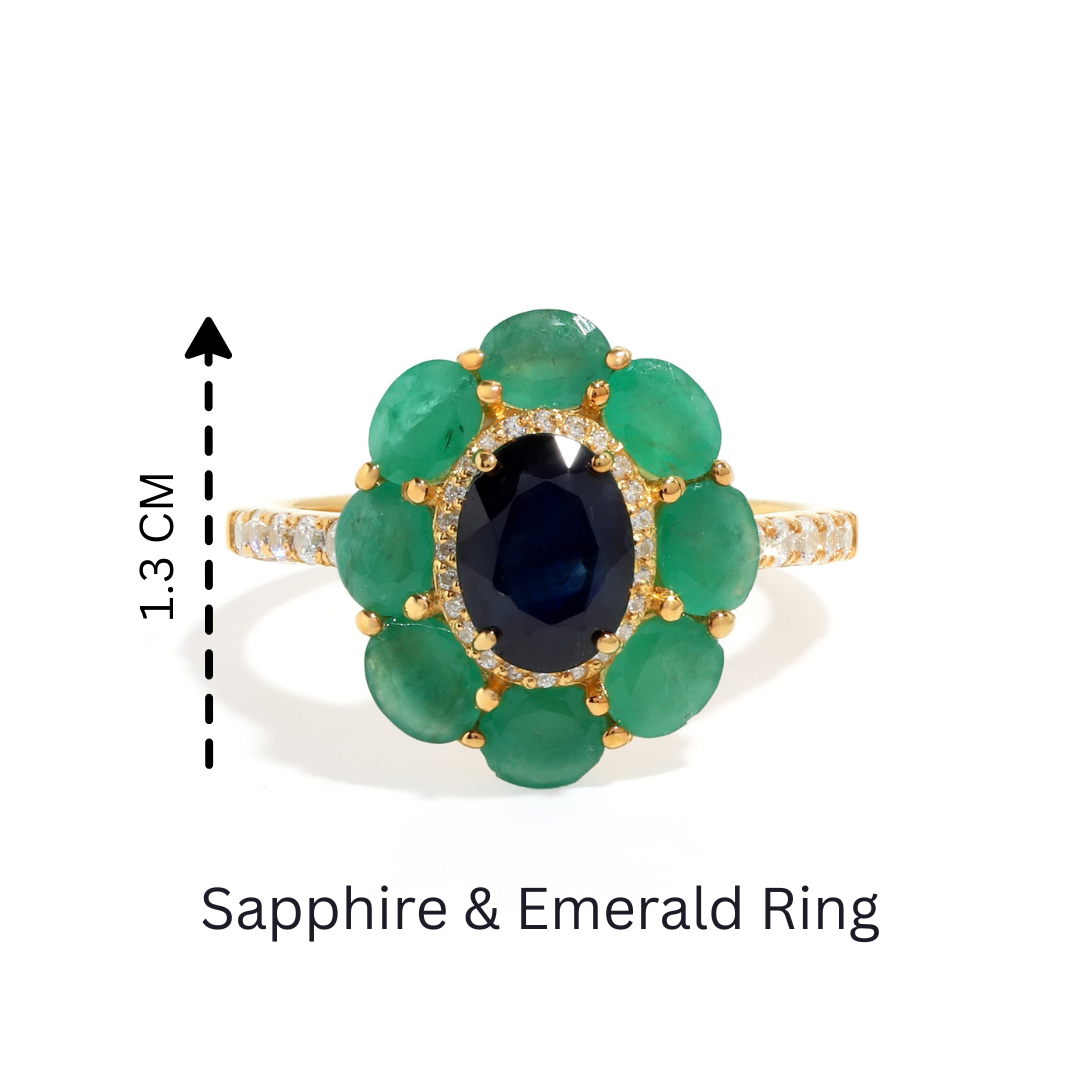 Blue Sapphire & Emerald Flower Halo Ring in 18K Gold-Plated Sterling Silver