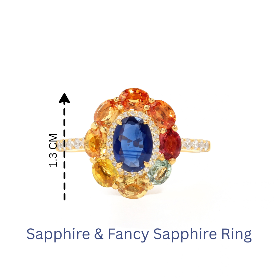 Blue Sapphire & Rainbow Sapphire Flower Halo Ring in 18K Gold-Plated Sterling Silver