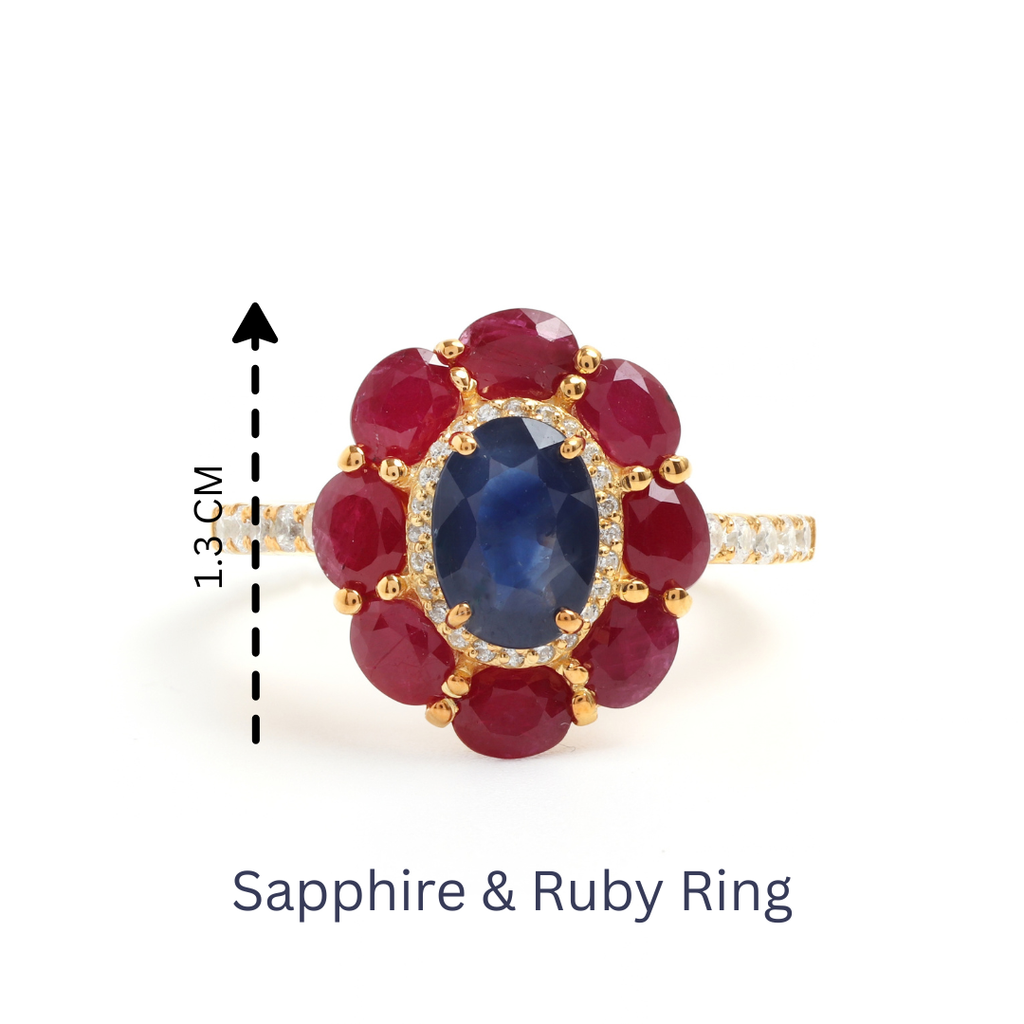 Blue Sapphire & Ruby Flower Halo Ring in 18K Gold-Plated Sterling Silver