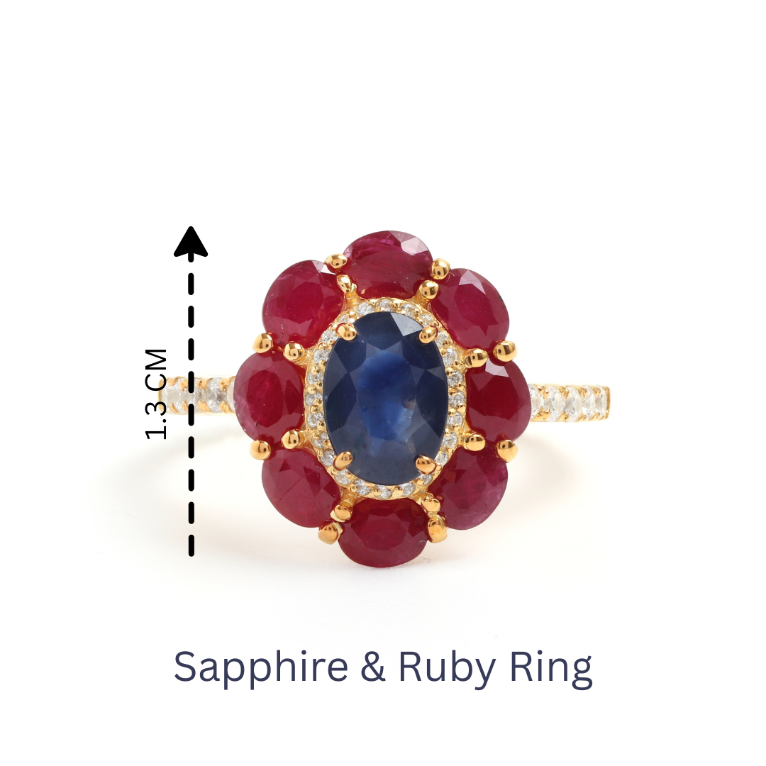 Blue Sapphire & Ruby Flower Halo Ring in 18K Gold-Plated Sterling Silver