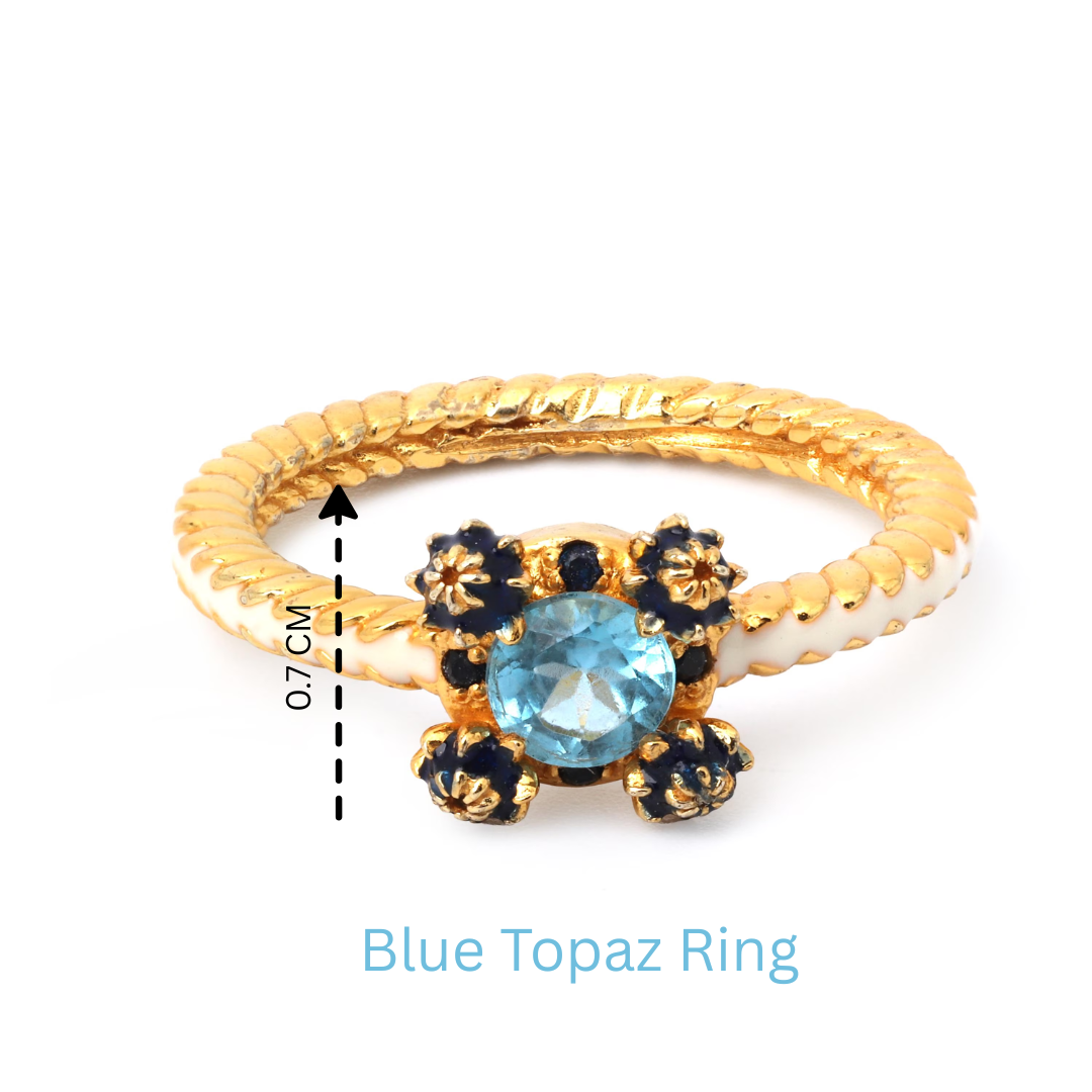 Anel de Ouro 18K com Topázio Azul e Detalhes Esmaltados