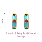 Turquoise enamel stud earrings with ruby and emerald gemstones, 1.6 cm tall, gold-tone setting