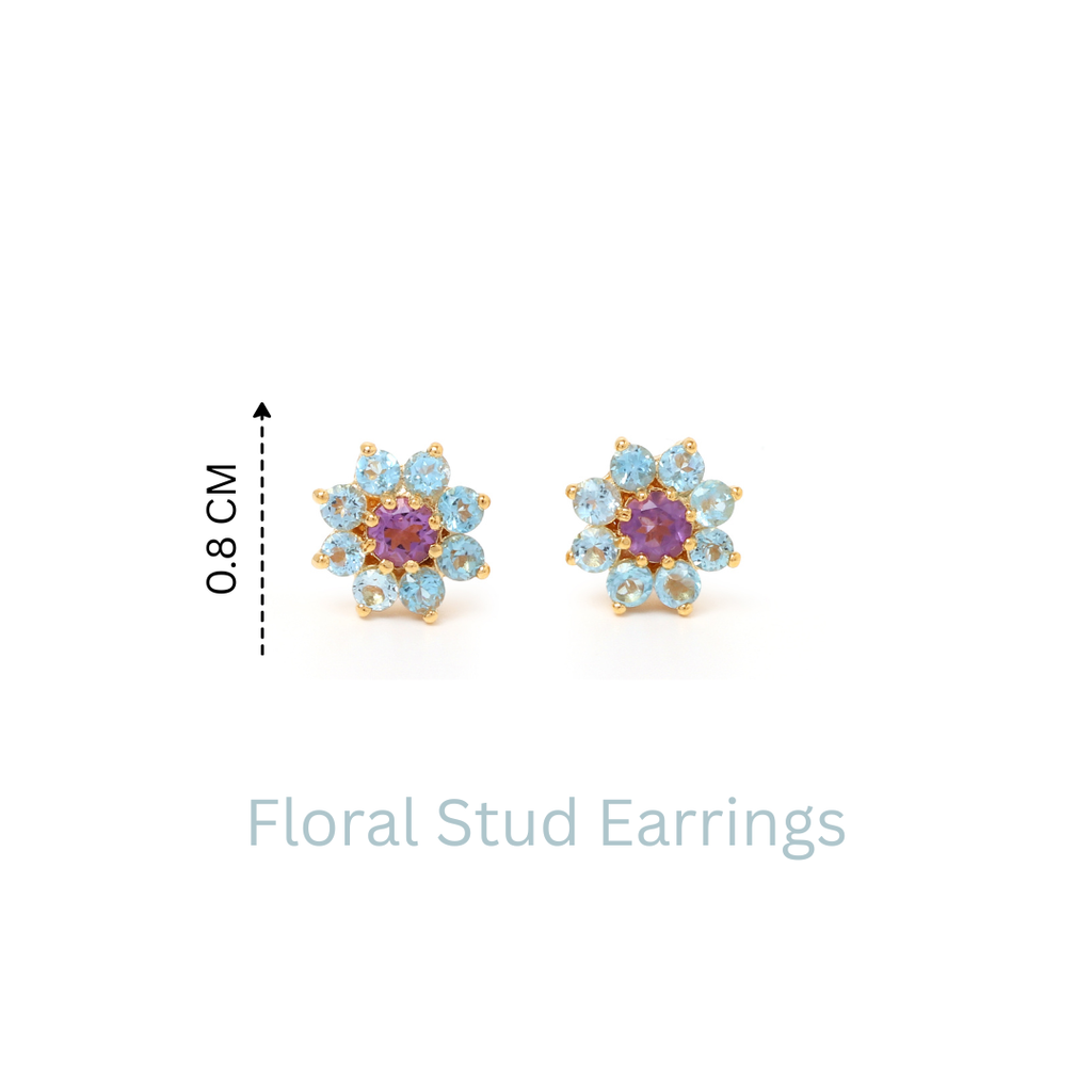 Amethyst & Blue Topaz Flower Stud Earrings in 18K Gold