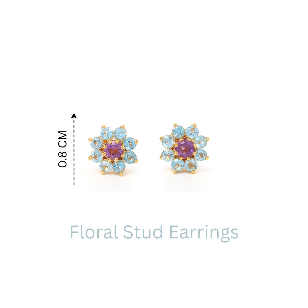 Amethyst & Blue Topaz Flower Stud Earrings in 18K Gold