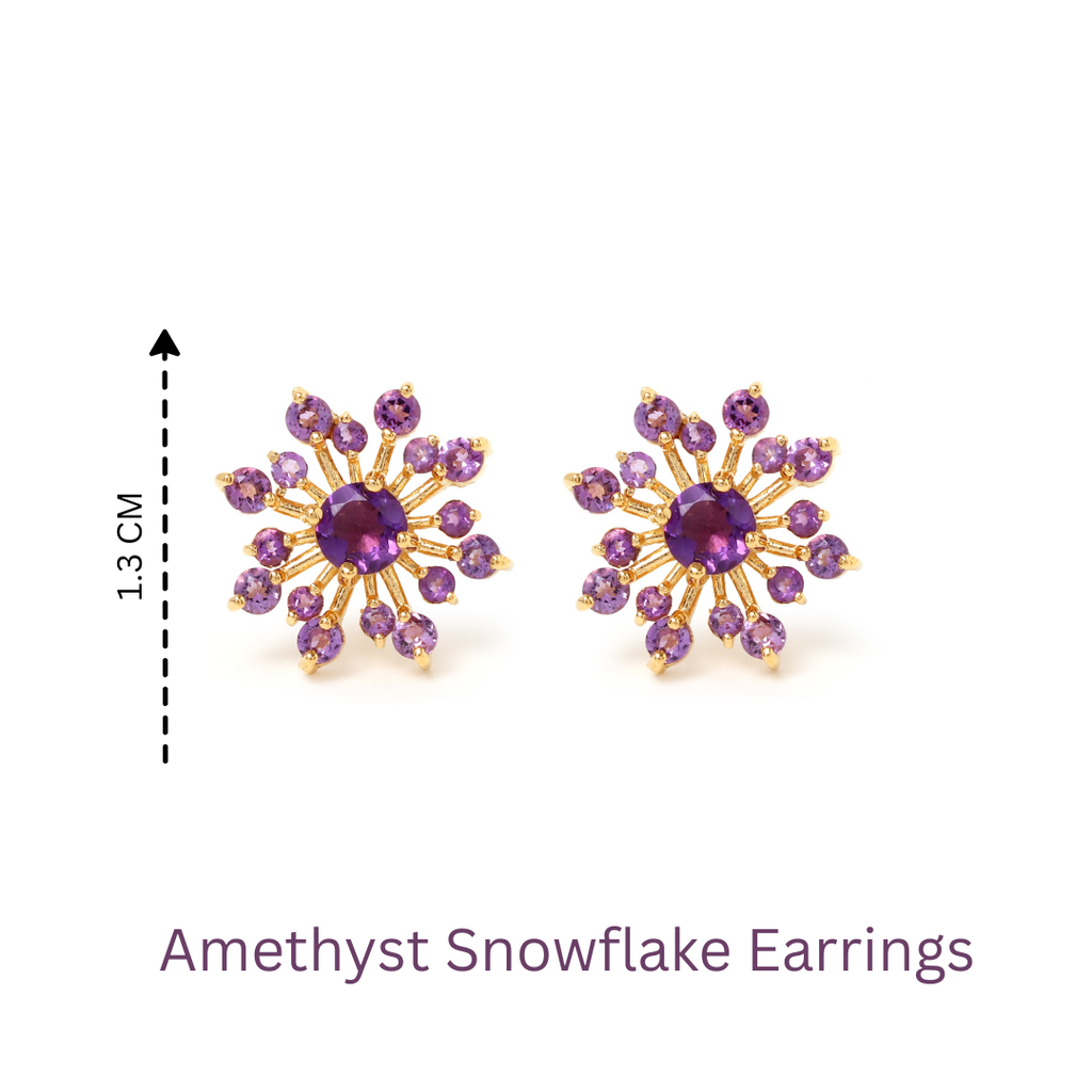 Amethyst snowflake stud earrings in 18K gold — display view