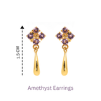 Amethyst earrings with gold teardrop dangles, 1.5 cm length, elegant gemstone jewelry design