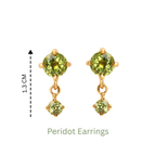 Elegant peridot drop earrings with 1.3cm length, featuring round green gemstones in gold-tone setting.