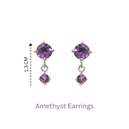 Sterling silver amethyst drop earrings with round and square purple gemstones, 1.3 cm length