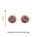 Amethyst enamel stud earrings with gold-tone setting, 0.7 cm diameter, handcrafted gemstone jewelry