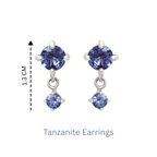 Sterling silver tanzanite drop earrings with two round gemstones, 1.3 cm length