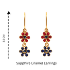 Gold flower earrings with red and blue enamel, 3.5 cm drop, sapphire center stones
