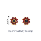 Sapphire and ruby stud earrings in gold, 0.8 cm floral design, gemstone jewelry