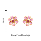 Pink enamel flower earrings with ruby center, gold-tone setting, 0.8 cm size