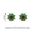Floral sapphire and emerald stud earrings in gold, 0.8 cm diameter, handcrafted gemstone jewelry