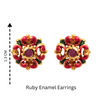 Ruby enamel stud earrings with gold-tone floral design, 1.3 cm diameter