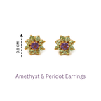 Amethyst and peridot flower stud earrings, 0.8 cm, 925 sterling silver, handcrafted gemstone jewelry