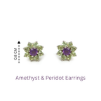 Amethyst and peridot flower stud earrings, 0.8 cm, sterling silver gemstone jewelry