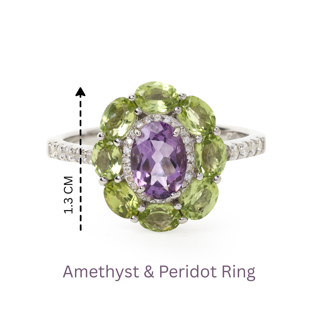 Sterling silver ring featuring purple amethyst and green peridot stones