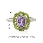 Elegant amethyst and peridot flower ring in sterling silver with diamond accents, 1.3 cm wide