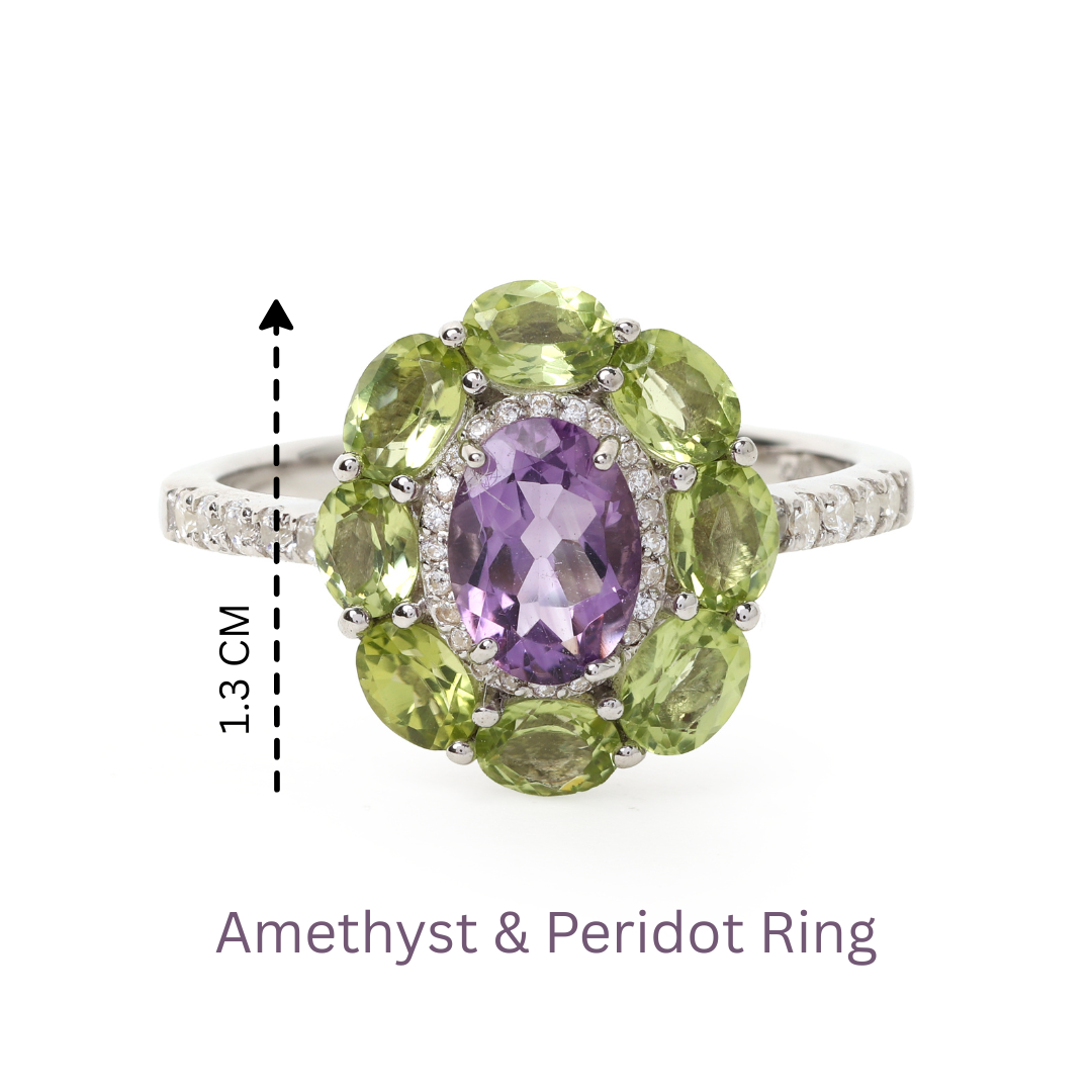 Sterling silver ring featuring purple amethyst and green peridot stones
