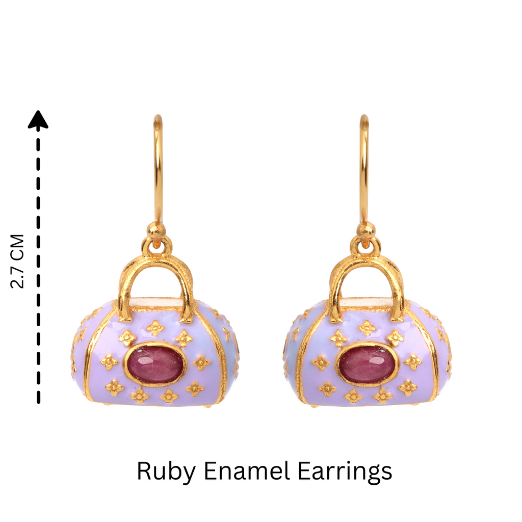 Women's ruby gemstone earrings with 14K gold plated finish and enamel detail