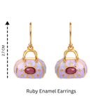 Lavender enamel earrings with ruby gemstone, gold-tone hardware, 2.7 cm drop, handcrafted silver jewelry