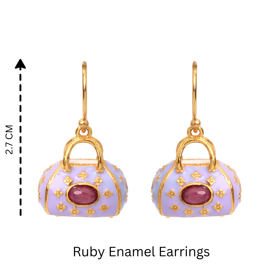 Women's ruby gemstone earrings with 14K gold plated finish and enamel detail