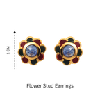 Flower stud earrings with blue gemstone, red and black enamel, gold-tone setting, 1cm size