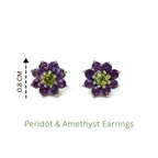 Floral peridot and amethyst stud earrings, 0.8 cm, handcrafted sterling silver gemstone jewelry
