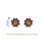 Floral peridot and amethyst stud earrings, 0.8 cm, gold-tone setting, gemstone jewelry