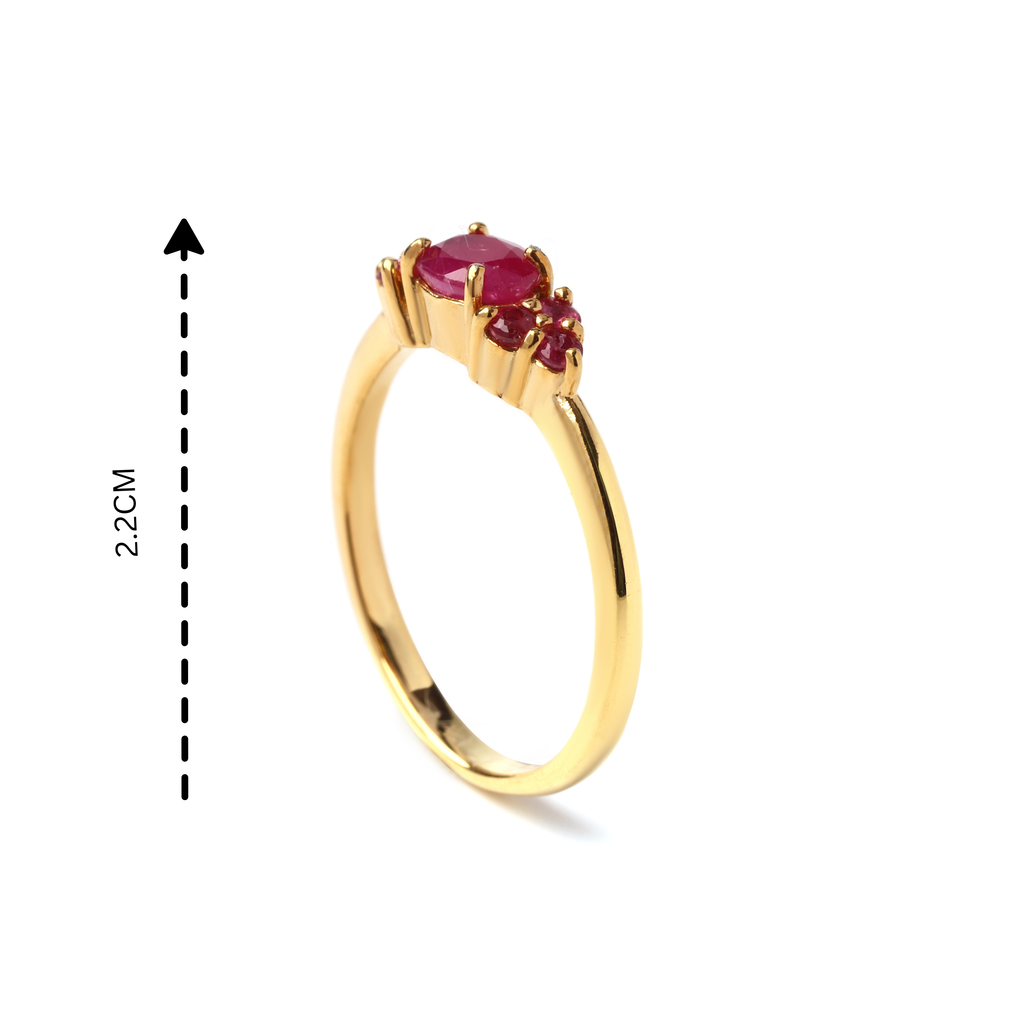 Detail of prong-set ruby gemstones on gold finish 925 sterling silver ring