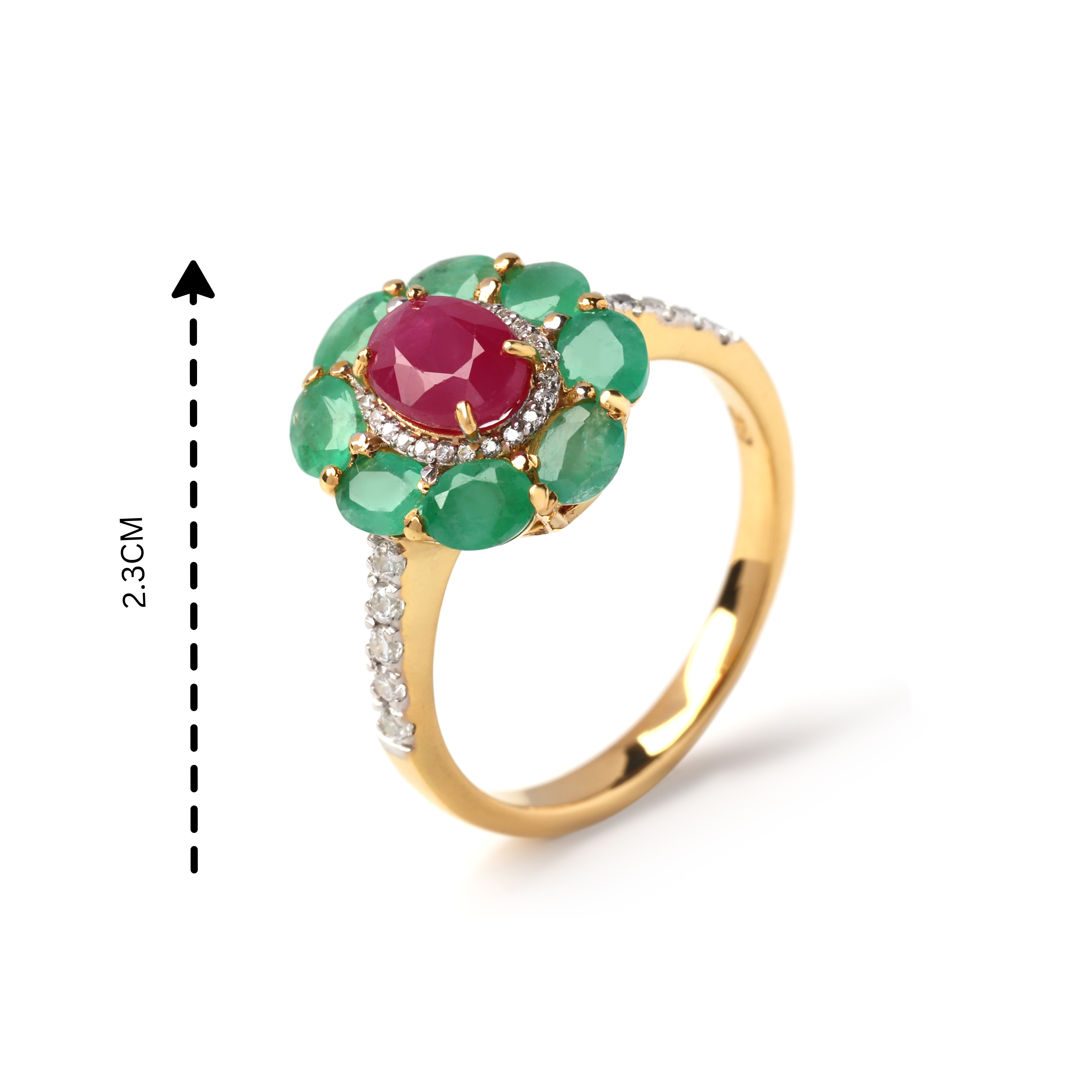 Detailed prong and pavé setting on ruby emerald 925 sterling silver ring