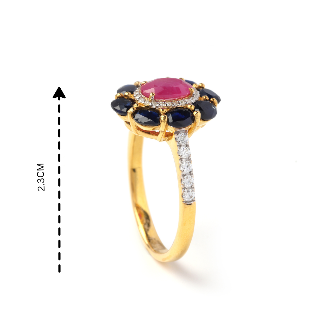 Detailed view of prong-set ruby center with sapphire cluster and clear accent stones