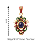Sapphire enamel pendant with red green accents, 4cm, 925 silver gemstone jewelry