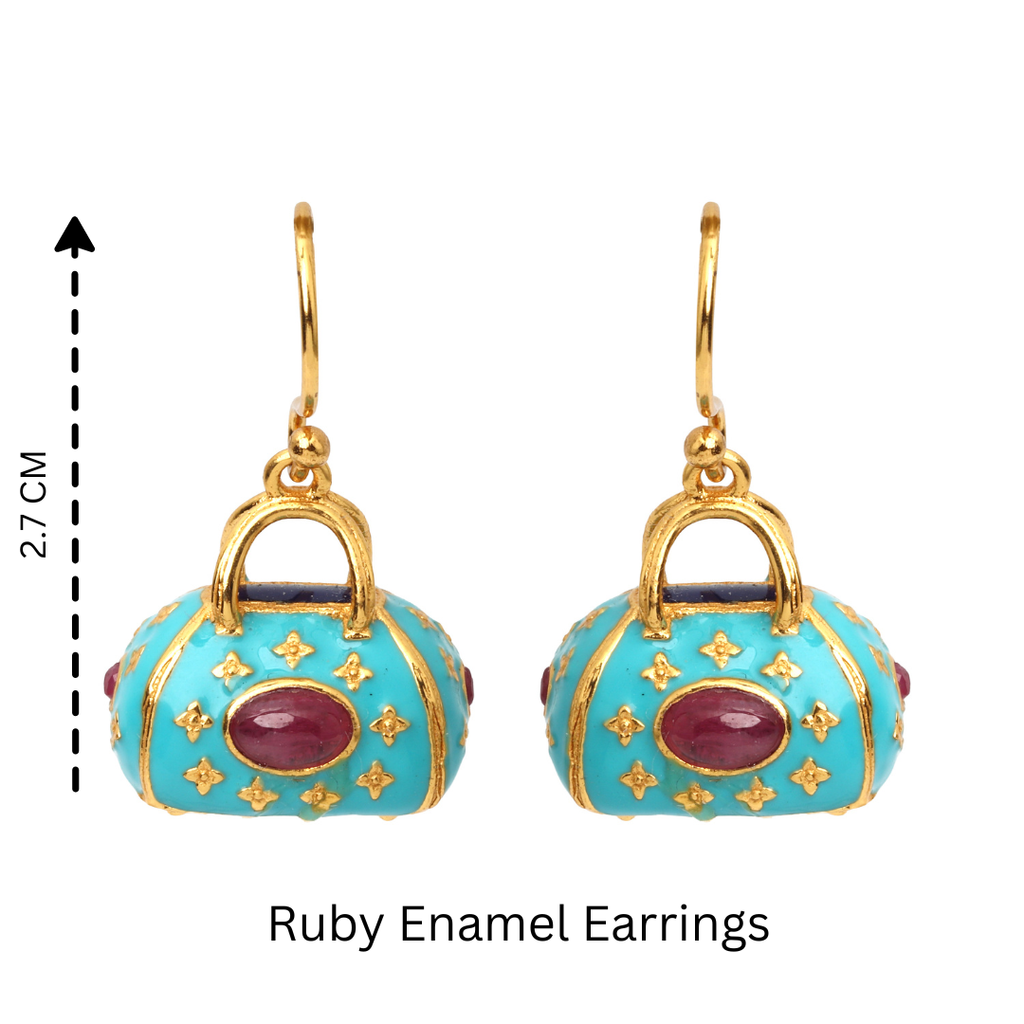 Women's ruby gemstone earrings with 14K gold plated finish and enamel detailing