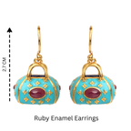 Turquoise enamel earrings with ruby cabochons and gold detailing, 2.7 cm drop