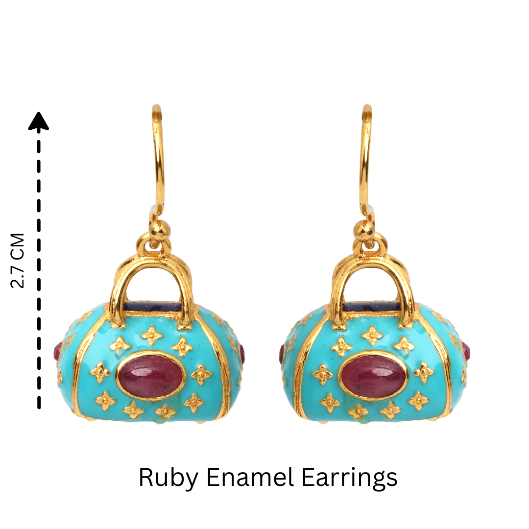 Women's ruby gemstone earrings with 14K gold plated finish and enamel detailing