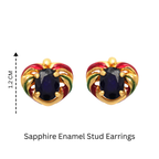 Sapphire enamel stud earrings with gold-tone setting, 1.2 cm heart-shaped design