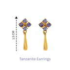 Gold tanzanite earrings with floral gemstone design and teardrop dangle, 1.5 cm length