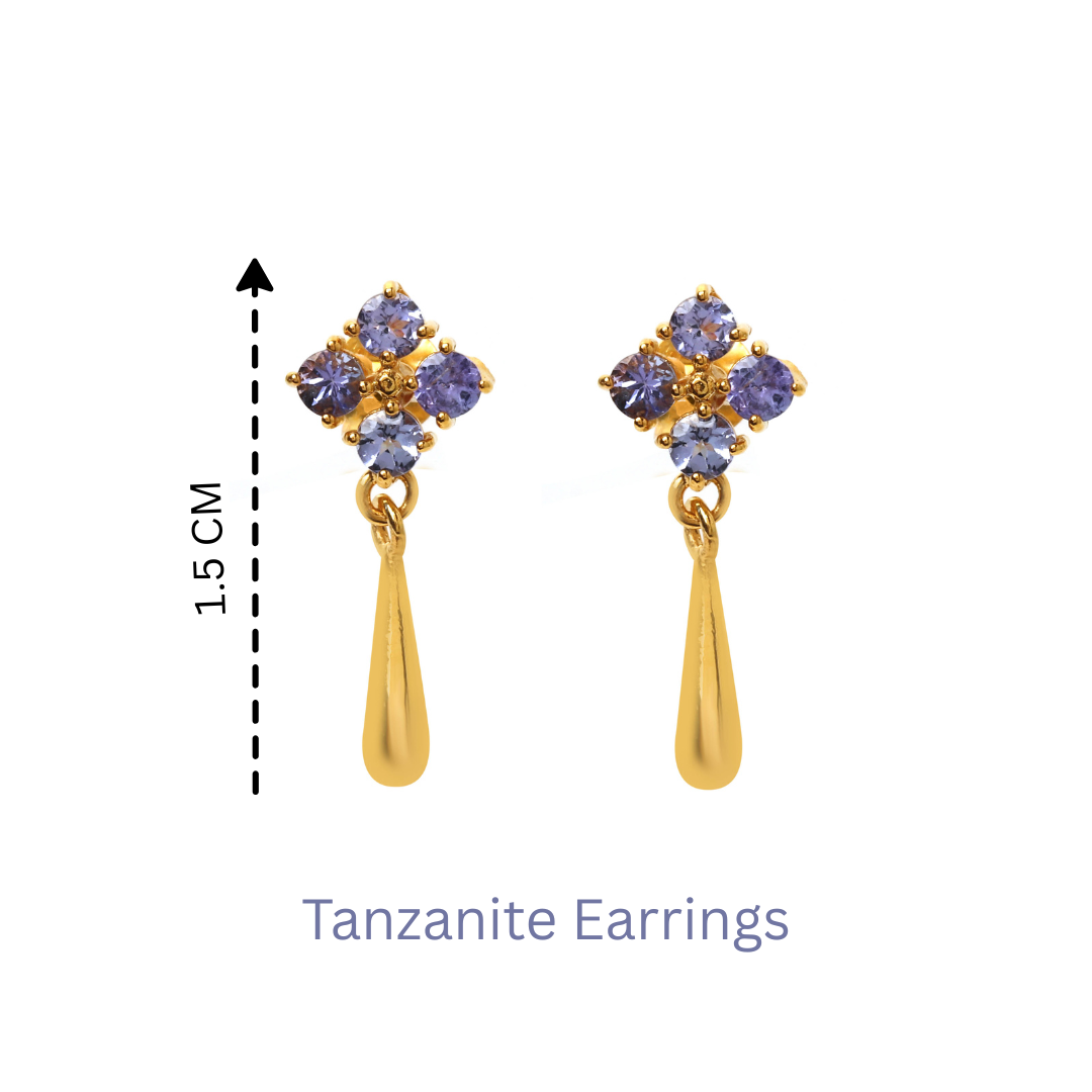 Minimalist luxury tanzanite drop earrings handcrafted in Thailand