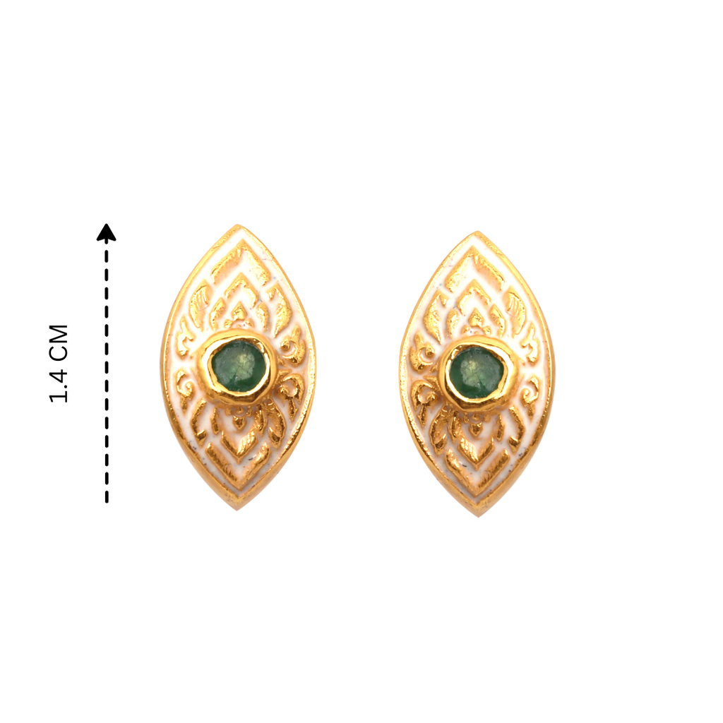 Green emerald earrings with elegant white enamel design