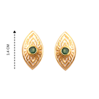 Gold-toned marquise stud earrings with green gemstone and intricate Thai-inspired design, 1.4 cm