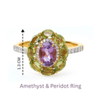 Elegant amethyst and peridot ring with diamond accents, 1.3 cm wide, set in gold-tone metal