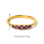 Gold amethyst ring with five purple gemstones, 0.3cm band width, elegant sterling silver jewelry design