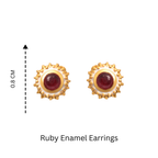 Ruby enamel stud earrings with gold-tone textured border, 0.8 cm diameter, handcrafted silver jewelry