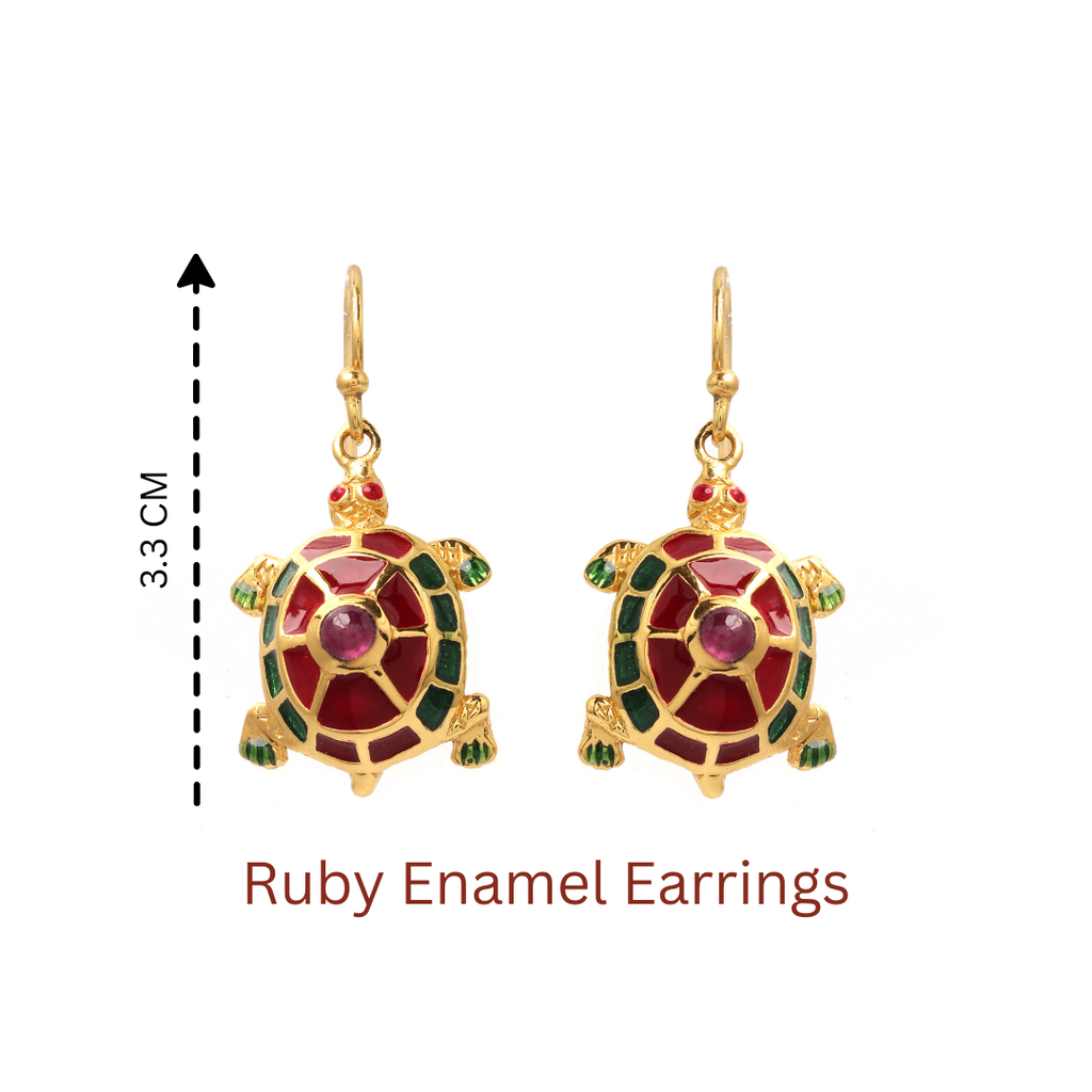 Elegant ruby turtle earrings with red and green enamel detailing